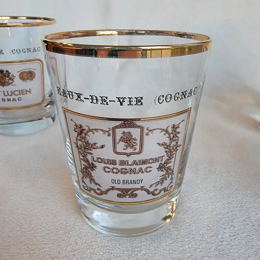 Williams Sonoma 4 Vintage Double Old Fashioned Glasses Gold Rim Cognac Champagne
